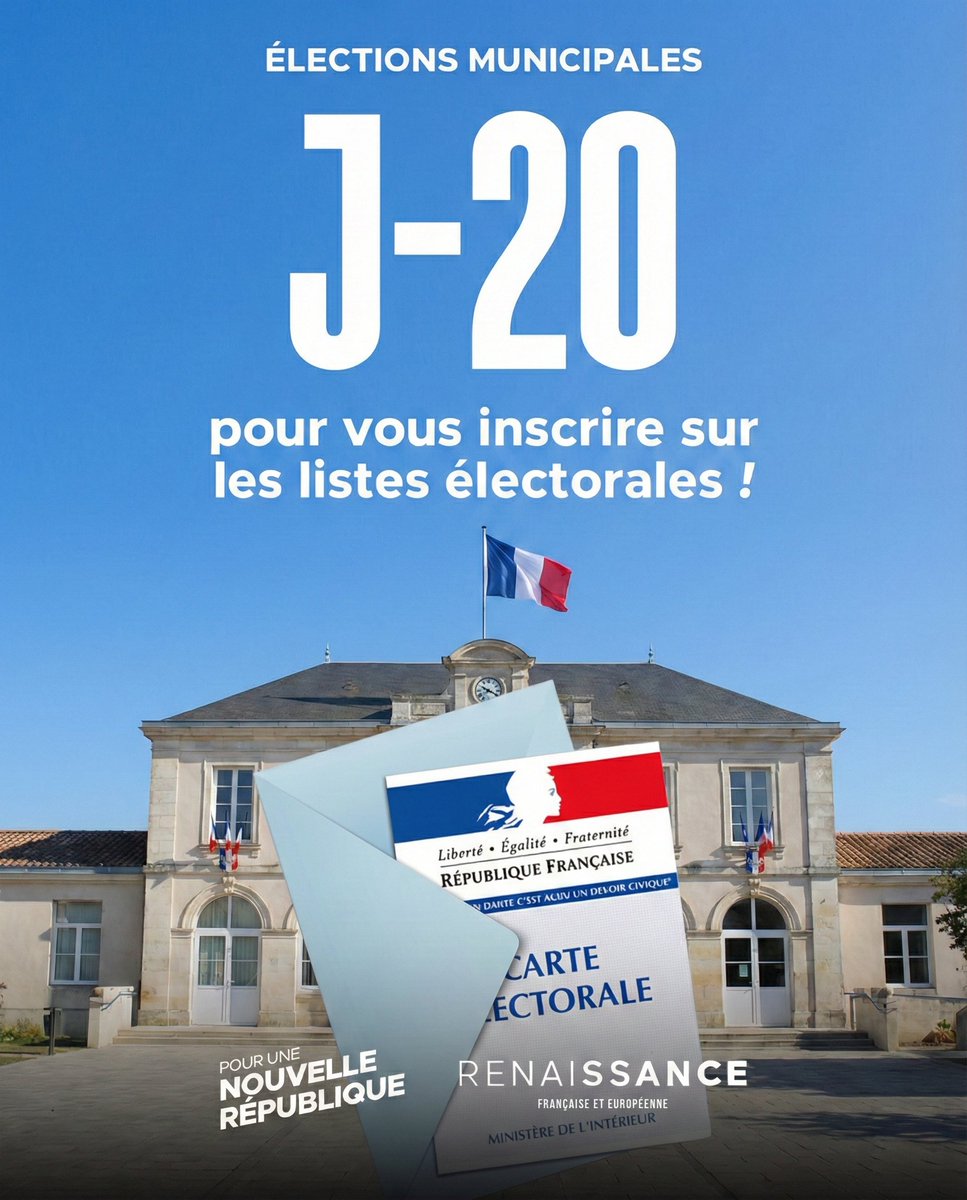 🔴 J-20 !

C'est le week-end, c'est le moment de vous inscrire sur les listes électorales !

Il vous reste moins de 3 semaines pour vous inscrire et pouvoir voter lors des élections municipales des 15 et 22 mars prochains.

Ne laissez pas l'avenir de votre commune aux autres.