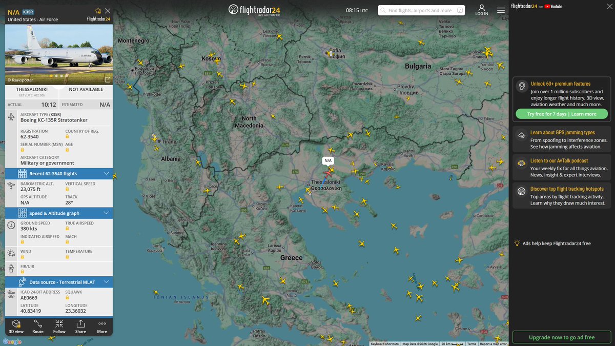 AIYeyENGDdJkjTr's tweet photo. Jan. 17, 2026
#Naval Air Station Sigonella  ==> #Black Sea 

#NoCALLSIGN #AE67BA USN P-8A Poseidon 

Refueling
#Thessaloniki, Greece #Romania

#NoCALLSIGN #AE0669 USAF KC-135R Stratotanker https://t.co/SIoSDXWYuZ