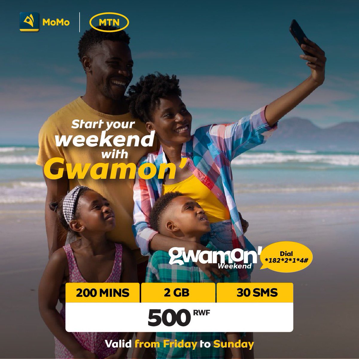 MTNRwanda's tweet photo. Weekends are for good vibes only! 💛
Get 200 Mins + 2GB + 30 SMS for Rwf 500 and let the fun begin.
Turn up the mood with #Gwamon’ 🎉
Dial *182*2*1*4# and stay connected!
#NicyoGihe https://t.co/kc0RGvVcAS