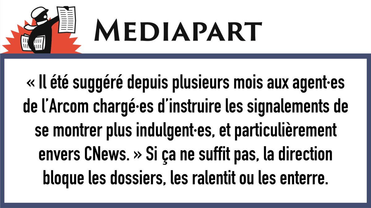 slpng_giants_fr's tweet image. 🪦 On avait bien remarqué, depuis le changement de direction de l'#Arcom, que nos signalements pourtant évidents de dérives graves de #CNews étaient systématiquement rejetés ou restaient simplement sans réponse.

@Mediapart le confirme et va plus loin 👇
1/2