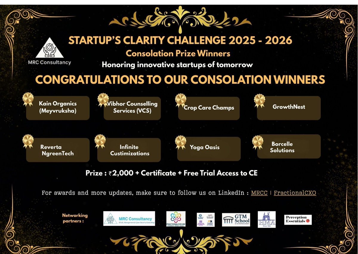 Revfirst_system's tweet photo. Results announced: Startup’s Clarity Challenge 
2025–26
Built to reward founders with clarity, execution, and revenue readiness.🏆 Winners:
🥇 Klicpic |🥈 Mindrip |🥉 Fridrick Cyber Tech
Congratulations to all consolation prize winners as well
#StartupClarityChallenge #Execution https://t.co/9HALrkhQtq