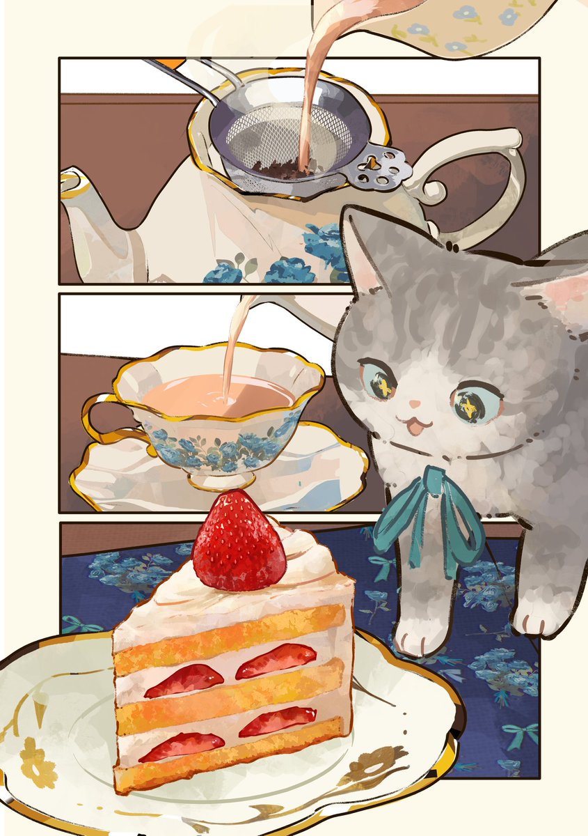 oimo_imoo's tweet image. ロイヤルミルクティーとショートケーキ🍰🫖
 #猫とコーヒーときどき紅茶