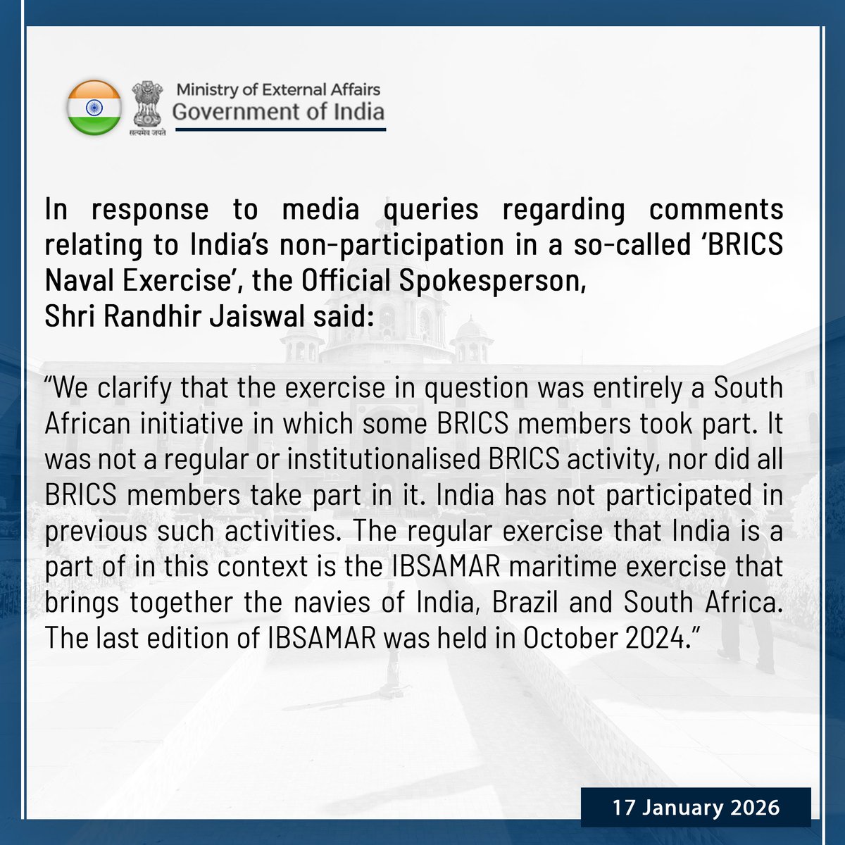 MEAIndia's tweet photo. Our response to media queries regarding comments relating to India’s non-participation in a so-called ‘BRICS Naval Exercise’ ⬇️

🔗 https://t.co/OLcWvHDLCm https://t.co/Hbc5ZhwFCf