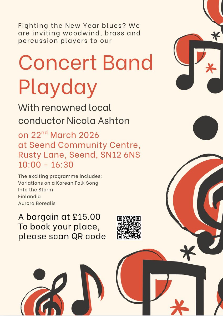 WiltsConcBand's tweet photo. Sunday 22 March
CONCERT BAND PLAY DAY
With Nicola Ashton
Seend Community Centre,
SN12 6NS
10:00-16:30
£15 per person, please book in advance
https://t.co/jyB2M49ngp https://t.co/Pf1Ocke8UR
