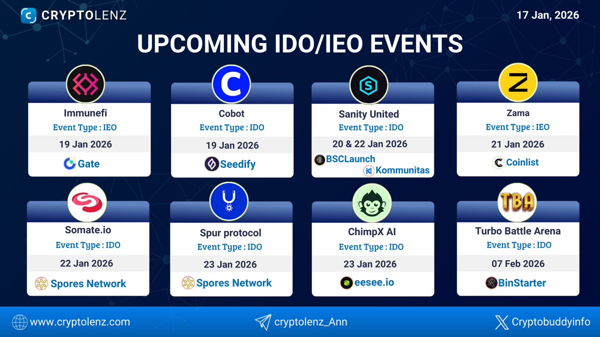 Upcoming IDO/IEO Events @immunefi @cobotgg @sanity_united @zama  @SomateIOPRO @spurprotocol @ChimpxAI @TurboArena 👉 Check out  https://t.co/5itUkINJ63 for a detailed insight.