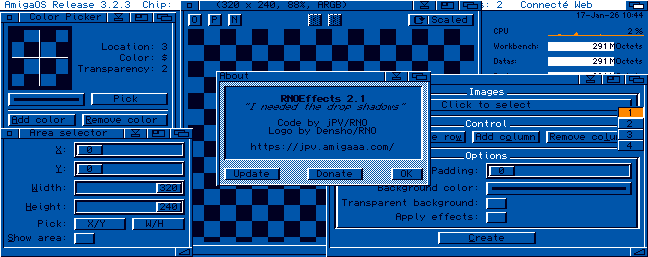 RNOEffects 2.1
Logiciel de traitement d'image basé sur le traitement par lots pour la conversion, les effets basés sur le canal alpha et l'édition par pixels.
Disponible pour 68k, OS4, MOS, Warpos, ARos
aminet.net/search?query=R…