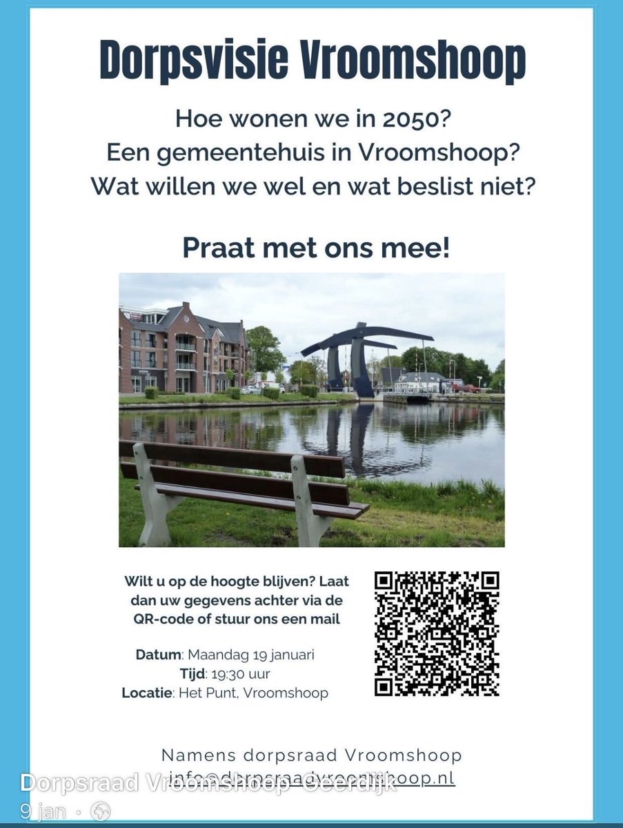 Kom mee praten over de toekomst van Vroomshoop. De burger is nu aan zet. Weet dat Vroomshoop dienstverlenend is. Wat moet er dan zoal gebeuren, veranderen en eventueel bijkomen in ons mooie dorp. A.s. maandag in het punt 19.30. Dit is het moment om je ideeën op tafel te leggen!!!