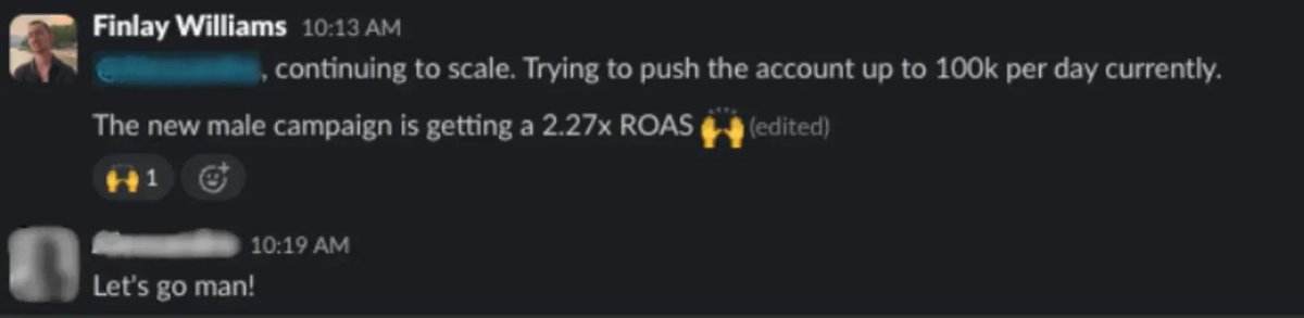 ItsFinlayW's tweet image. Pushing $100K/day atm.

Been working with this client for 6 months.

When he came to me: doing $60k/day, 100% meta

Now: $85k/day (climbing)

The new male campaign we launched 3 weeks ago is doing 2.27x roas

Absolute bonkers.

What’s your biggest traffic channel rn?