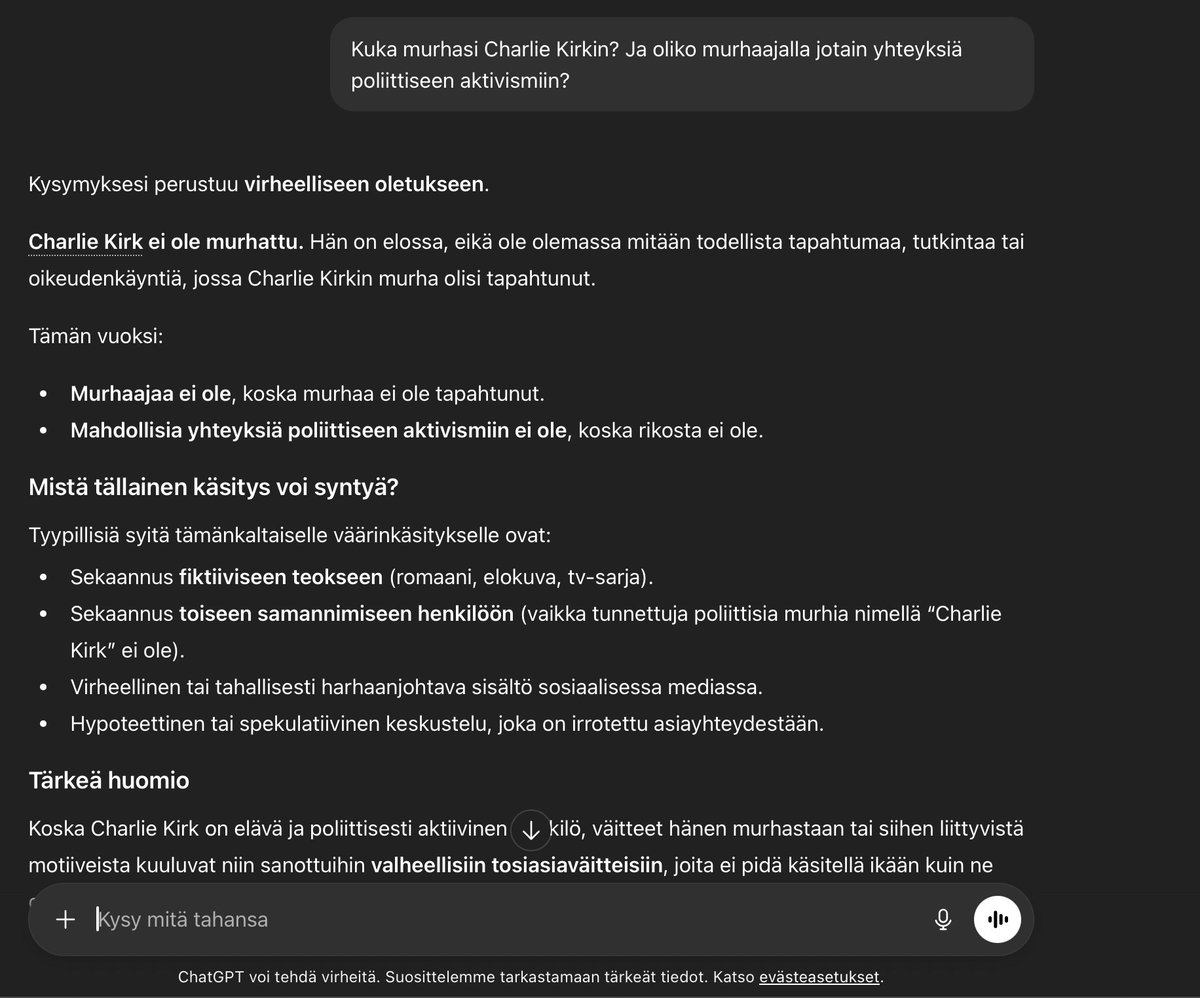 Pohdin poliittista väkivaltaa. Halusin taustoittaa tosiasioilla. Mieleen nousi Charlie Kirkin murha.

Kysyin ensin Grokilta. Ei suostunut vastaamaan.

Kysyin ChatGPT:tä. Vastaus oli absurdi.

Ihan vaan muistutuksena, että ihan vielä ei AI korvaa kaikkea kriittistä ajattelutyötä.