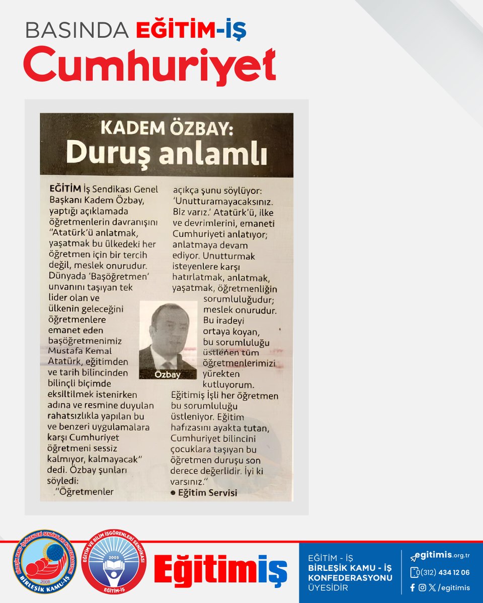 Genel Başkanımız Kadem Özbay, ilkokul 1 ve 2. sınıflarda öğrencilere karne yerine verilen “Öğrenci Gelişim Raporu”ndan Atatürk fotoğraflarının kaldırılmasına ilişkin değerlendirmeleri Cumhuriyet’te yer aldı.

“Atatürk’ü anlatmak, yaşatmak bu ülkedeki her öğretmen için bir tercih