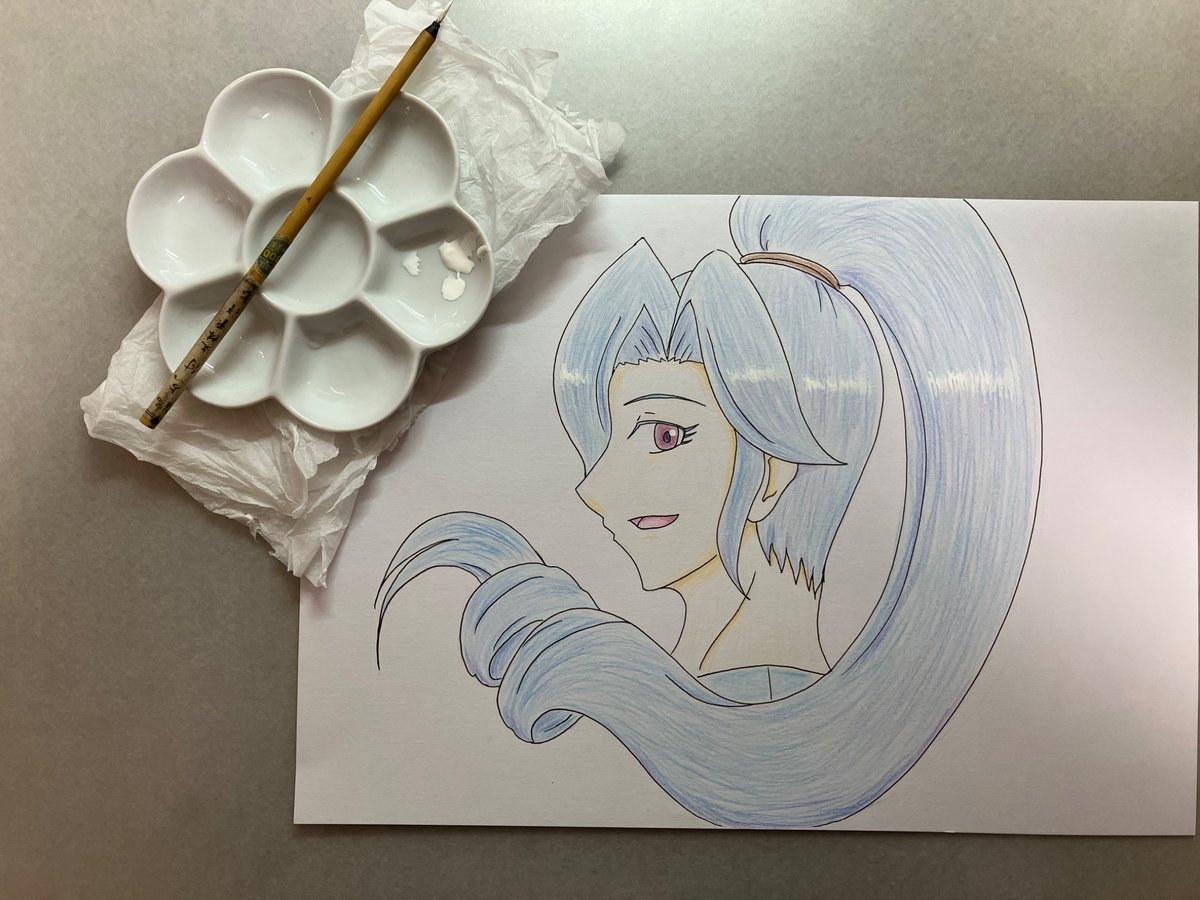 レガリアﾁｬﾝの色鉛筆絵の過程。ラフ→ペン入れ→色塗り→ハイライト