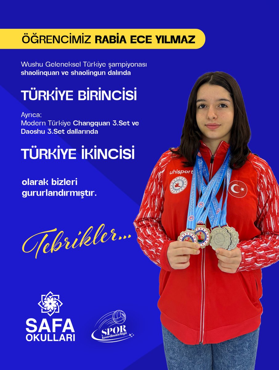 Gurur Duyuyoruz! 🏆
Öğrencimiz Rabia Ece Yılmaz,
Wushu Geleneksel Türkiye Şampiyonası’nda Shaolinquan ve Shaolingun dallarında Türkiye 1.’si 🥇,
Modern Wushu’da Changquan ve Daoshu (3. Set) dallarında Türkiye 2.’si 🥈 oldu.
#GururKaynağımız #SafaOkulları #SporcuGençlik
