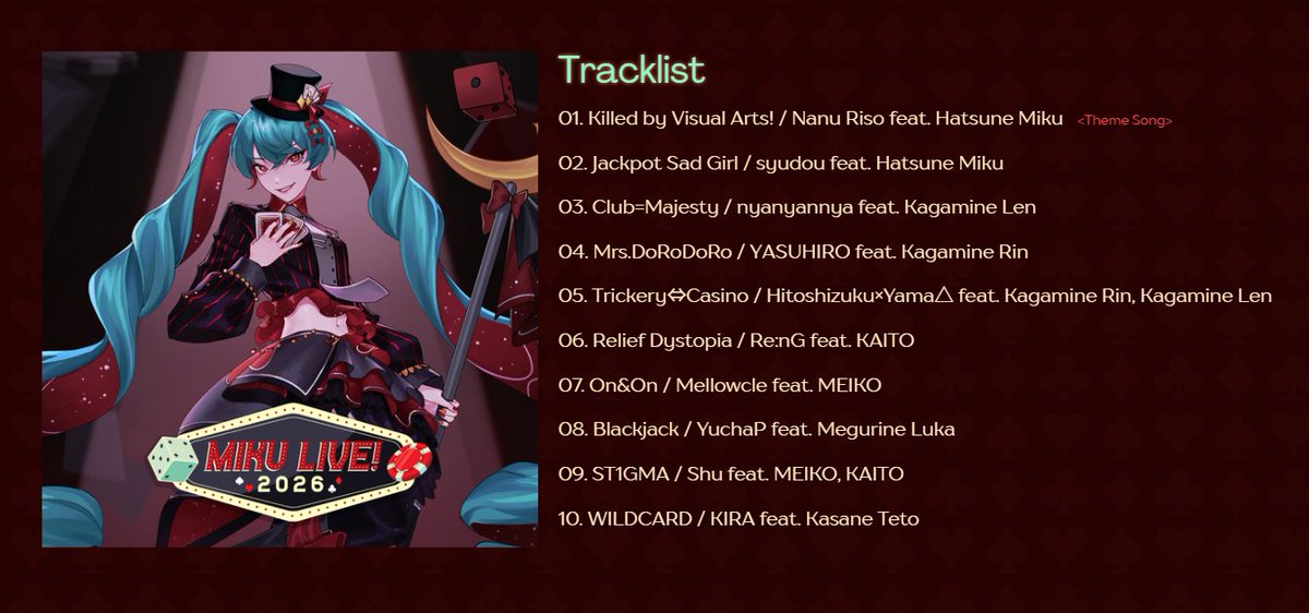 🎲「Miku LIVE! 2026」♦️

The answers to the fill-in-the-blank quiz have been revealed! Did you get any of them right? 💭

These are only a few of the songs that will appear on the setlist! We hope you'll enjoy the rest! 🎰

#MikuLive2026