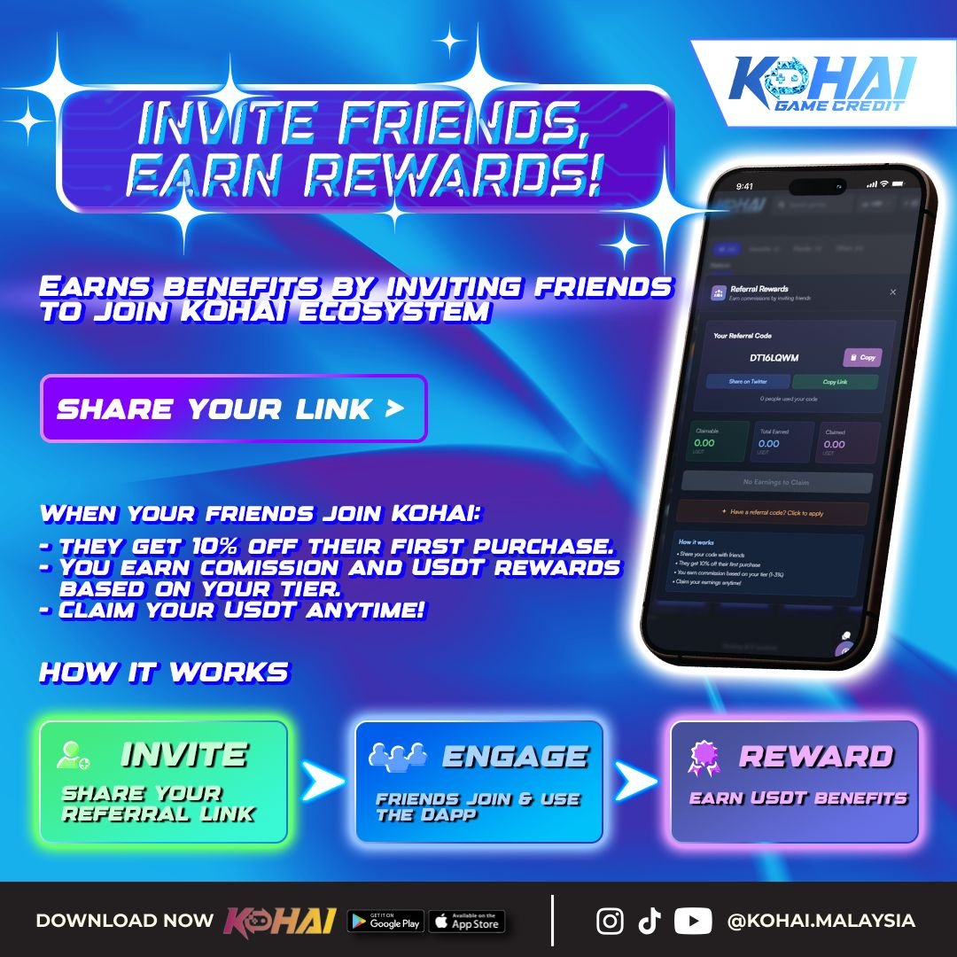 Utility grows when the community grows. Referrals will unlock benefits inside the KOHAI ecosystem — What are you waiting for? Heads up to gamestore.kohai.gg #KohaiWeb3 #NewPlatform #KohaiNexus #GameTopup