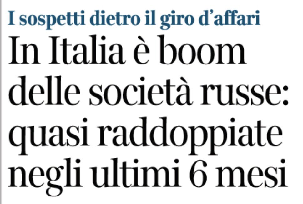 MarcoFattorini's tweet image. Negli ultimi sei mesi il numero di società italiane controllate da capitali russi è quasi raddoppiato: da 2.564 a 4.497. Il loro giro d’affari arriva a 2,5 miliardi di euro, oltre 10 volte più che in Francia. Un aumento così rapido risulta un’anomalia assoluta tra i Paesi europei…