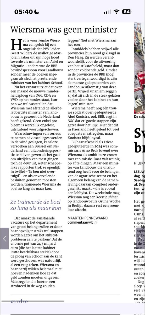 Een dodelijk hoofdredactioneel commentaar in <a href="/lc_nl/">Leeuwarder Courant</a> over minister Wiersma. Ze wordt de allerbelabberdste minister van Lanbouw ooit genoemd. Zelden zo’n dodelijke analyse over een politicus gelezen als over deze <a href="/BoerBurgerB/">BBB BoerBurgerBeweging 🍀🍀🍀</a> minister.