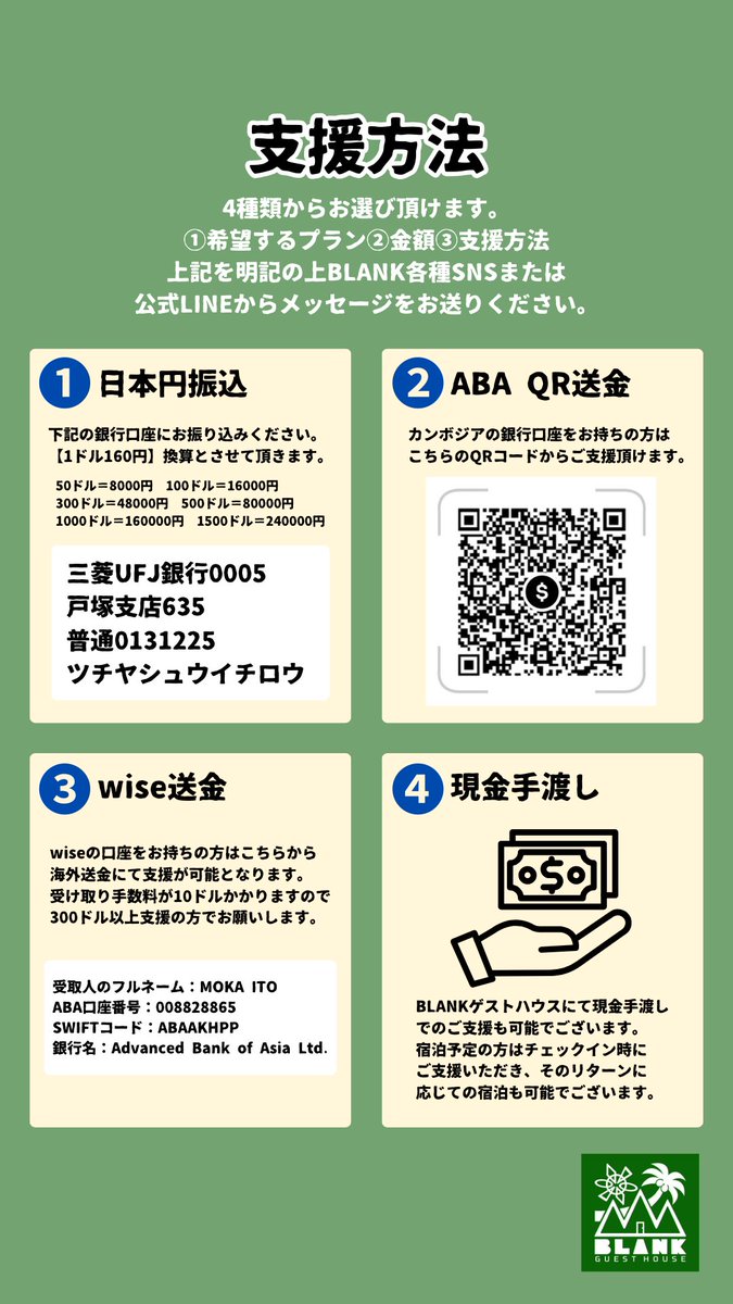 □支援方法 こちらも画像をご確認ください。 □最後に  様々な外的要因で苦しいゲストハウス運営を、皆さまのお力を借りてこれからもBLANKゲストハウスは安心安全快適な場所として運営していきたいと思います。皆さまご支援どうぞよろしくお願いいたします。  □詳細は ...
