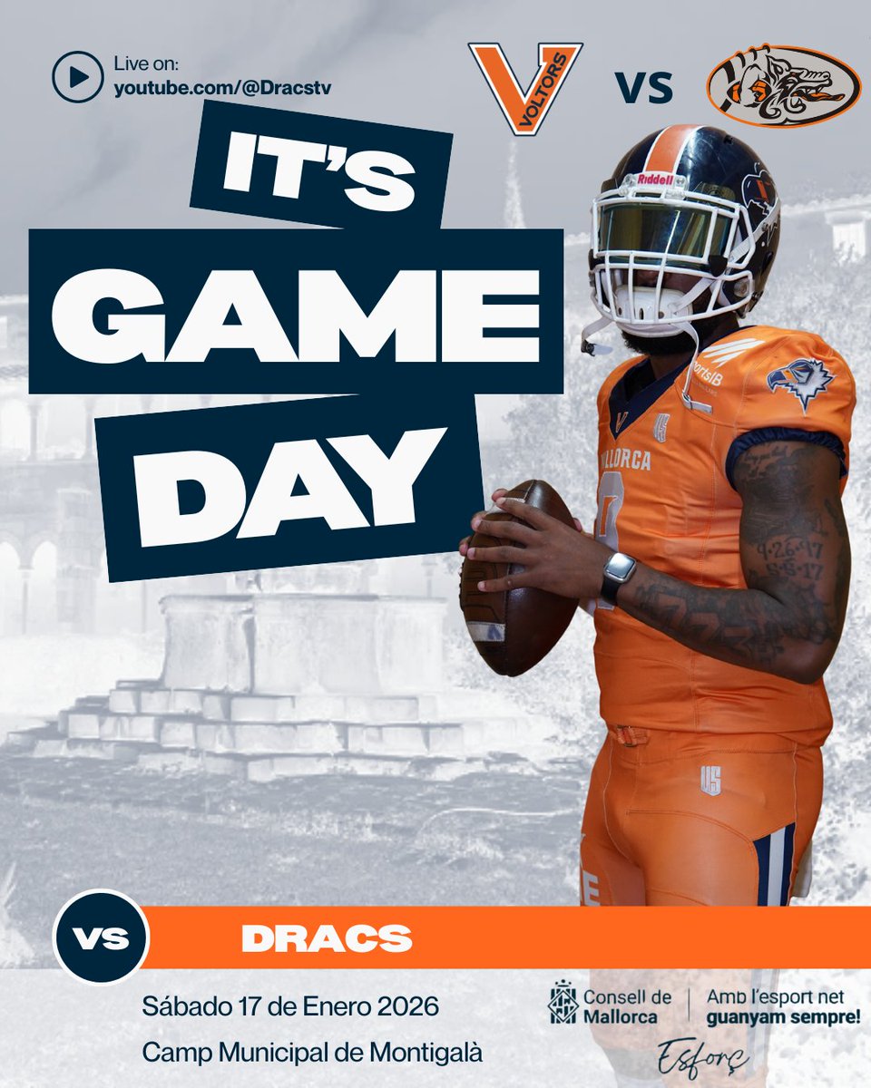mallorcavoltors's tweet photo. 🏈 IT’S GAMEDAY
Hoy empieza el vuelo. Hoy empieza la temporada.

📍 Camp Municipal de Montigalà
🆚 Badalona Dracs
🗓️ 17 de enero

Fear the Flight. 🦅
@EBaseMallorca 
#FearTheFlight #GoVoltors #jugamamblelit2026 #esportnet #ConselldeMallorca #GameDay #SeasonOpener https://t.co/aTIq69FZhs
