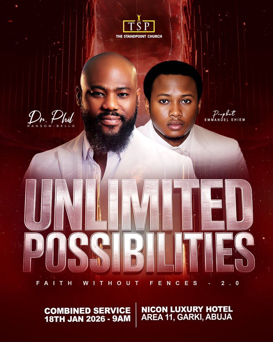Same God. Same Grace. UNLIMITED POSSIBILITIES. ⚡️🚀
This Sunday, we are diving deeper into the reality of Unlimited Possibilities with our Senior Pastor <a href="/DrPhilBello/">Dr. Phil Ransom-Bello</a> and special guest P. Emmanuel
See you in Church!
---
Nicon Luxury Hotel, Garki, Abuja // 9AM
CHRiSTamplified