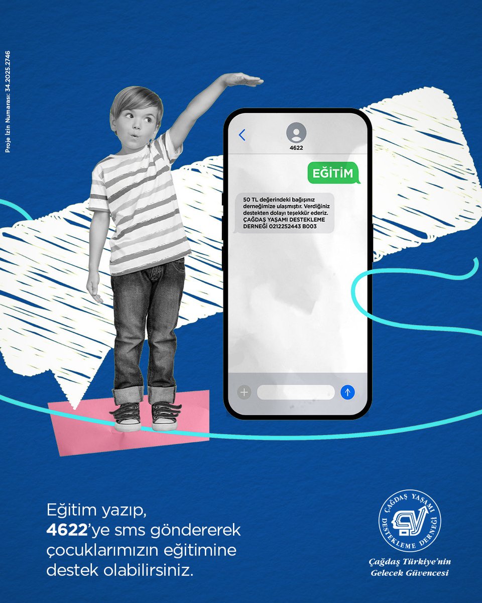 CagdasYasamDD's tweet photo. EĞİTİM yazıp 4622’ye gönderdiğiniz her SMS, çocuklarımızın eğitimine ışık oluyor!

➡ SMS kampanyamıza yurt içi tüm operatörlerden katılabilirsiniz. 
➡ Bağış miktarı 50 TL, mesaj gönderim bedeli 1 SMS’tir.

#BirIşıkDaSizYakın
#ÇağdaşYaşamıDesteklemeDerneği https://t.co/tTlWd5U9ry