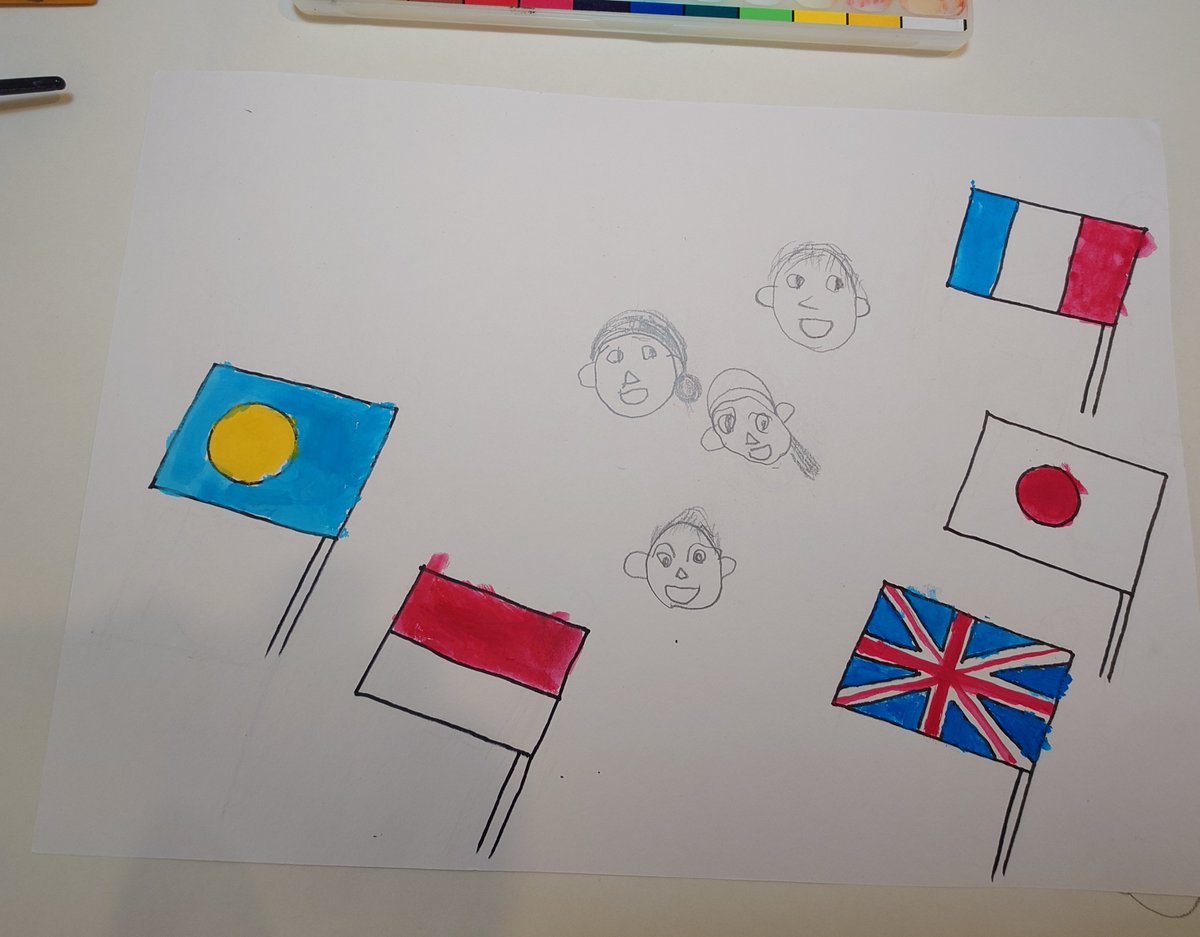 繁忙期は息子くんの絵（少しお助けもあり）に癒される
お友だちがいる国とトリコロールとパラオ