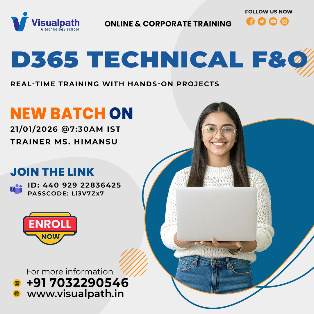 VisualpathPro's tweet photo. 🚀 Upcoming New Batch – D365 Technical F&amp;O 💼
👩‍🏫 Trainer: Ms. Himansu
📅 Date: 21/01/2026
⏰ Time: 7:30 AM IST
🔗 Join link: https://t.co/CyzwmKPnCE 
🆔 Meeting ID: 440 929 22836425
🔐 Passcode: Li3V7Zx7

📞 Call: +91 7032290546
🌐 Visit: https://t.co/z9AEpIVteB

#Visualpath #new https://t.co/4GiaINtb39