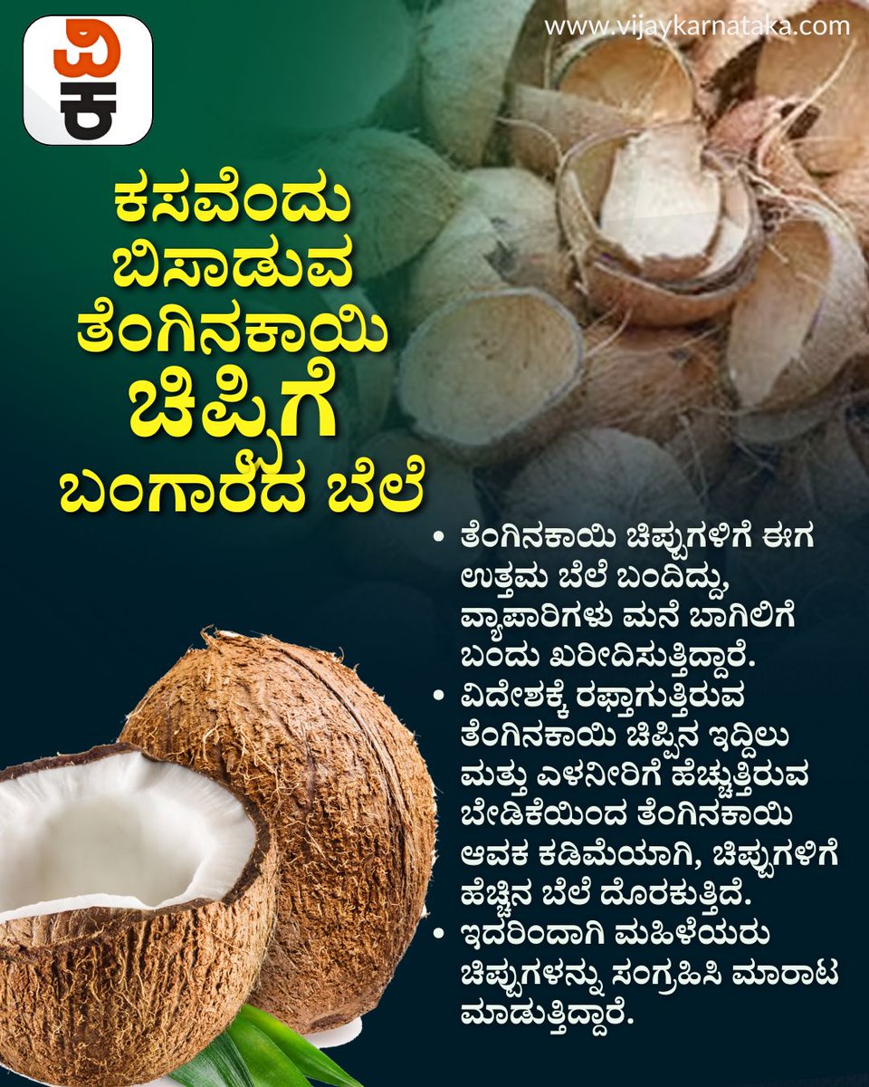 Vijaykarnataka's tweet photo. ಕಸವೆಂದು ಬಿಸಾಡುವ ತೆಂಗಿನಕಾಯಿ ಚಿಪ್ಪಿಗೆ ಬಂಗಾರದ ಬೆಲೆ; ವಿದೇಶಕ್ಕೆ ರಫ್ತಾಗುವ ಕೆಜಿ ಚಿಪ್ಪಿಗೆ ಎಷ್ಟು ಬೆಲೆ ಗೊತ್ತಾ?

#ತೆಂಗಿನಕಾಯಿ_ಚಿಪ್ಪು
#CoconutShell
#GoldValueWaste
#ExportBusiness
#MadeInIndia https://t.co/Wlr3po5jnR