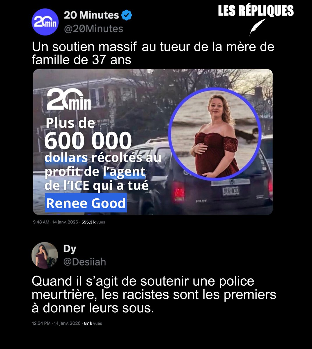Les_Repliques's tweet image. À Minneapolis aux Etats-Unis, la mort de Renee Good, tuée par un agent de l’ICE, a provoqué une vive émotion, tandis qu’une cagnotte GoFundMe en soutien à cet agent dépasse déjà les 600 000 $

@Desiiah