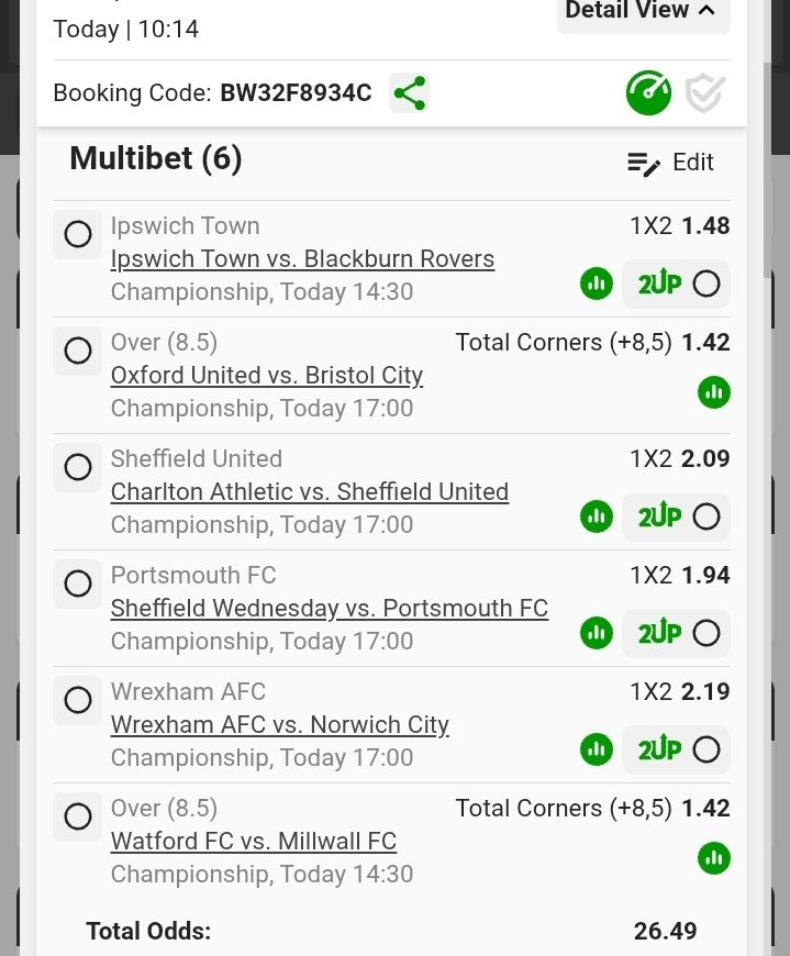 BW32F8934C.
Kick off 14h30 
Only today 26 odds