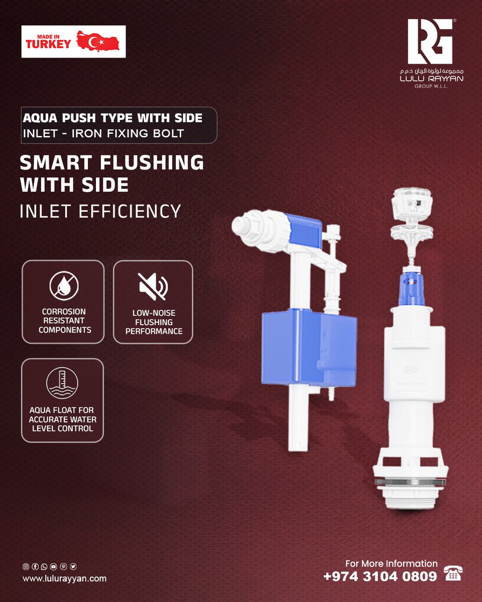 Smart flushing with side inlet efficiency!💧A reliable choice for modern bathrooms where performance matters.🛡

🟤Aqua float for accurate water level control
🟤Low-noise flushing performance
🟤Corrosion-resistant components

🌐: lulurayyangroup.com
📞: +974 3104 0809