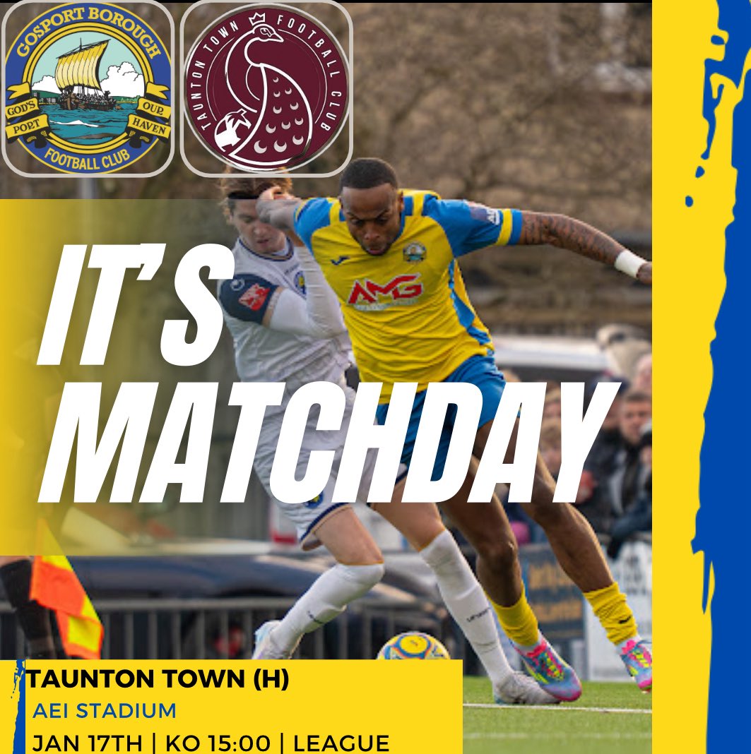 🚨 𝙄𝙏’𝙎 𝙈𝘼𝙏𝘾𝙃𝘿𝘼𝙔!!! 🚨 

🆚: Taunton Town
🏆: Southern Premier League South
🏟: AEI Stadium
⏰: 15:00

More information can be found here 👇
🔗: gosportboroughfc.com

#UpTheBoro #UTB