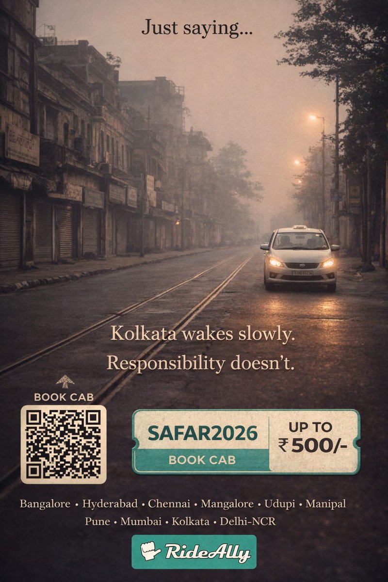Kolkata wakes slowly

Kolkata takes its time.
Responsibilities don’t.

When being on time matters, trust a cab that never makes excuses.
🚖 RideAlly – Guaranteed Cab. Always.

🎟️ Use SAFAR2026 &amp; get up to ₹500 OFF
📲 Download the app: rideally.com/apps
