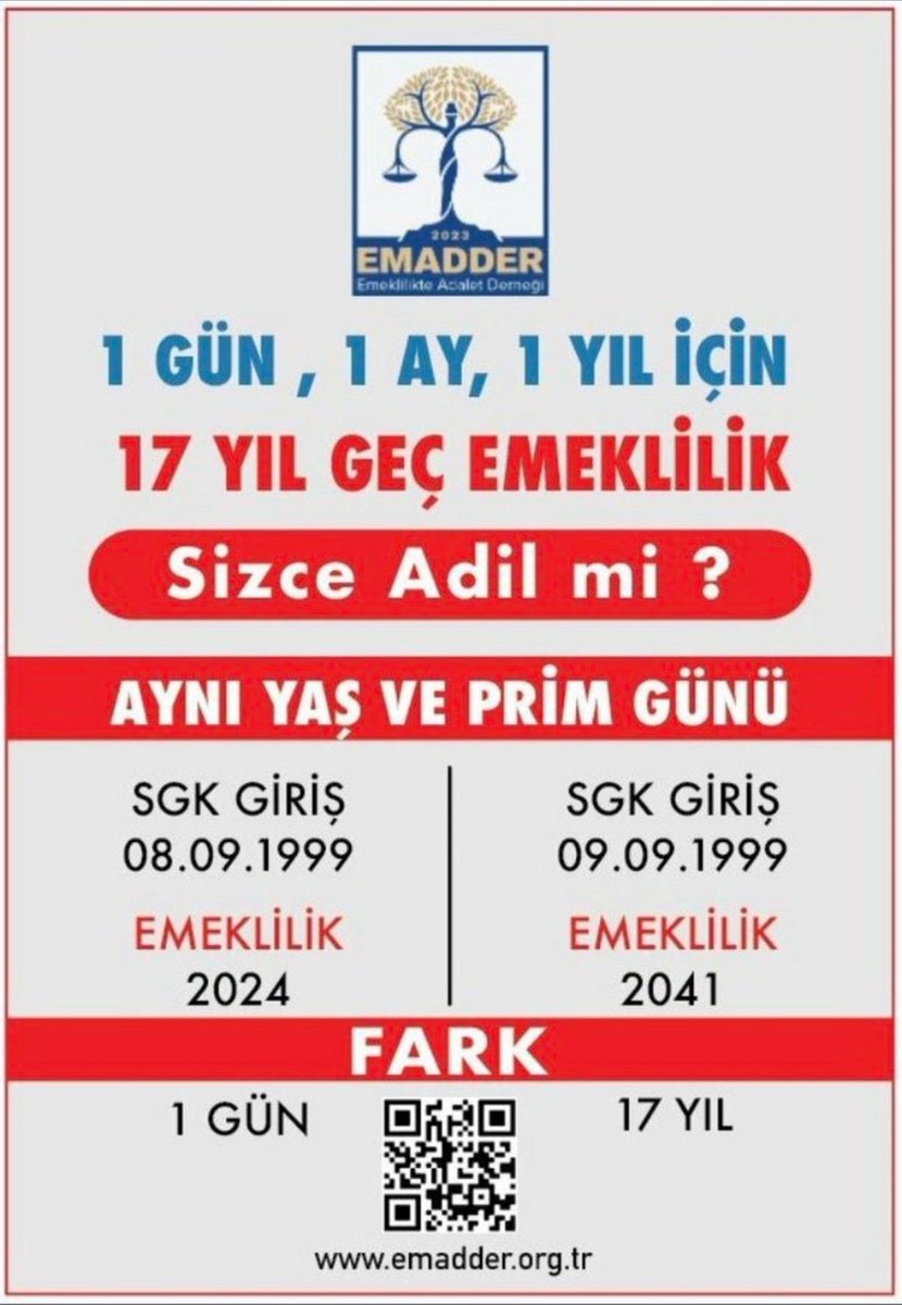 Eşitlik ilkesi demokrasinin temelidir. 
Emeklilikte oluşan bu devasa uçurumu kapatmak devletin görevidir. 
Hak hukuk adalet için! ⚖️

<a href="/EmadDernegi/">EMEKLİLİKTE ADALET DERNEĞİ ⚖️</a> 
#KademeArtıkŞart