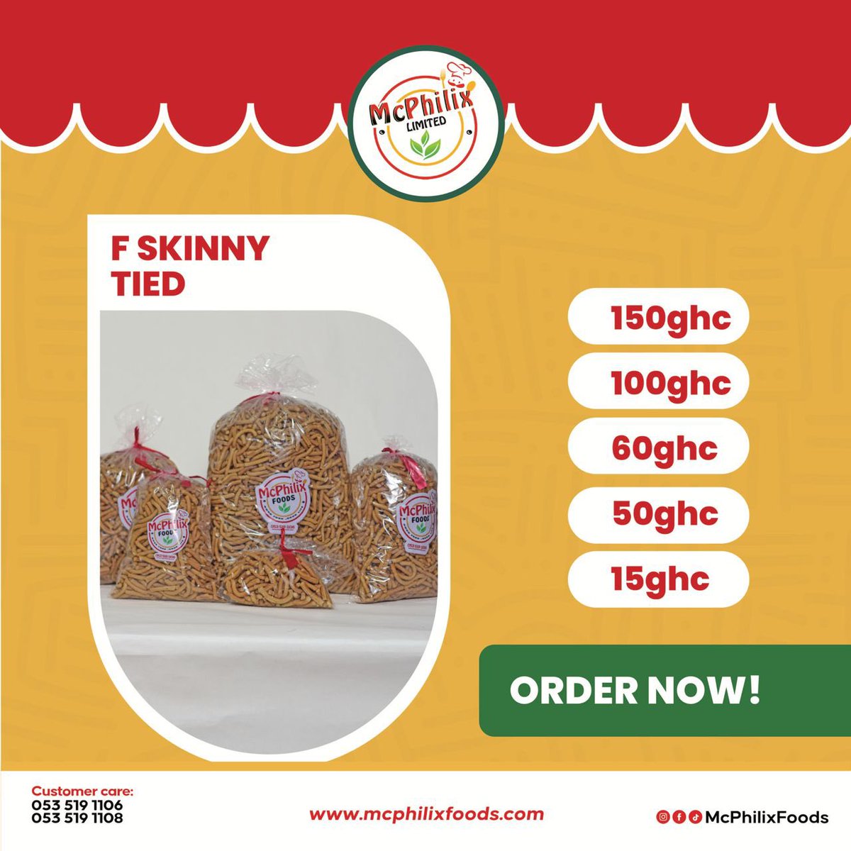 F Skinny (Tied) 🍟
Thin, crispy, and full of flavour.
Perfectly fried plantain strips made for serious crunch lovers.

Available size:
• Tied pack

📍Available at all McPhilix Foods branches
#madeinghana #TrendingNow