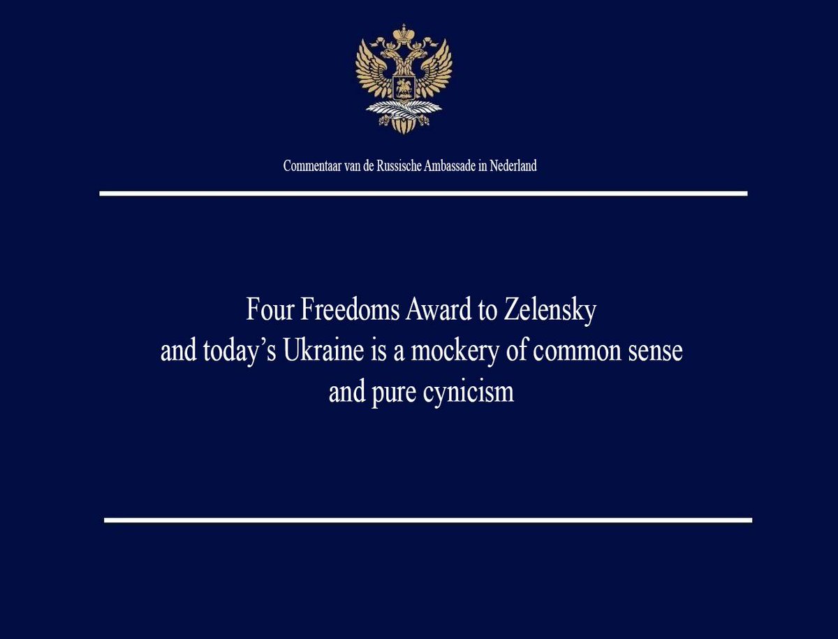 Awarding the “Four Freedoms” to Zelensky is a masterpiece of political surrealism. No free elections, the Russian language banned, the church persecuted, borders closed, journalists killed — is this what freedom looks like?

Read more: t.me/embrusnet/2549