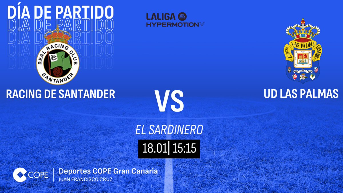 🟡🔵 ¡Este domingo hay fútbol!

⚽ <a href="/realracingclub/">Real Racing Club</a>
⚽ <a href="/UDLP_Oficial/">UD Las Palmas</a>

🕒15.15 horas en <a href="/CopeCanarias/">COPE Canarias</a>  
  
🎙️<a href="/juanfrancruzcar/">Juan Francisco Cruz</a>
🎙️<a href="/DoramasRguez/">Doramas Rodríguez</a>

🎤 <a href="/javi_sanchez_p/">javi sanchez</a>
🎤 <a href="/tiferanvalido/">tiferan valido barri</a>
🎤 <a href="/JosemiAlamo/">José Miguel Álamo</a>

📻103.0 102.9 (sur) 98.3 (Lanz)
💻cope.es/emisoras/canar…