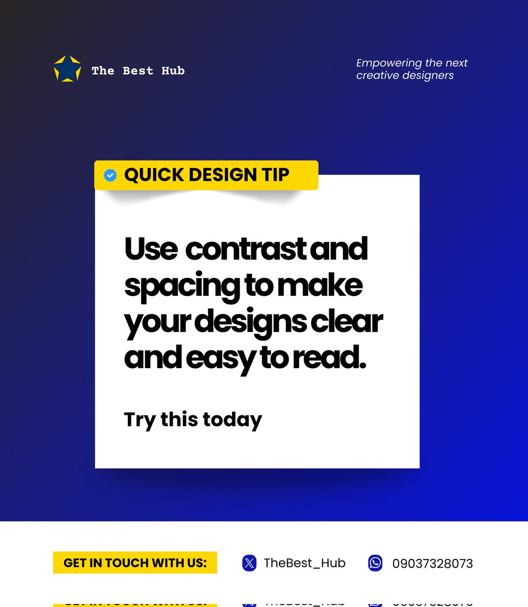 TheBest_Hub's tweet image. Quick Tip: Want your social media posts to stand out?

Use contrasting colors to make text pop, and leave space around elements to make them readable.
Try it today!

#DesignTips #TheBestHub #CreativeGrowth