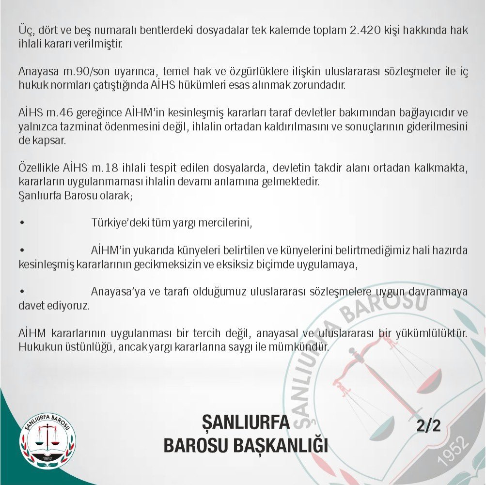 “#AİHM kararlarının uygulanması bir tercih değil; anayasal ve uluslararası bir yükümlülüktür. Hukukun üstünlüğü ancak yargı kararlarına saygı ile mümkündür.”

Şanlıurfa Barosu, AİHM kararlarının derhal ve eksiksiz uygulanması çağrısında bulundu.

<a href="/UrfaBarosu/">Şanlıurfa Barosu Başkanlığı</a>