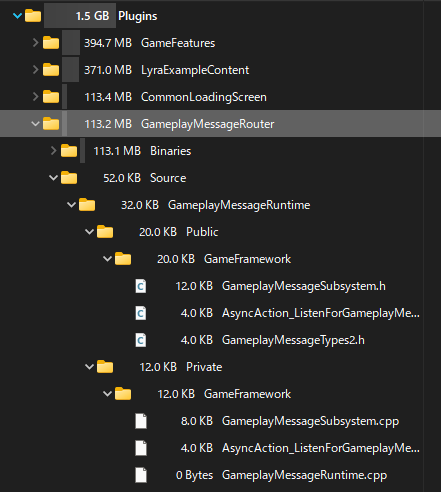 ゲームプロジェクトのSource以下はPublic/Private分けを気にしなくてよい気もする
(まぁ分けとくと機能をPluginに分離する時などは楽かも)

Lyra先生もゲーム本体のSource以下は機能別フォルダだけで、Plugins以下のSourceではPublic/Privateをわけている(使うのに必要な部分だけ露出させている)