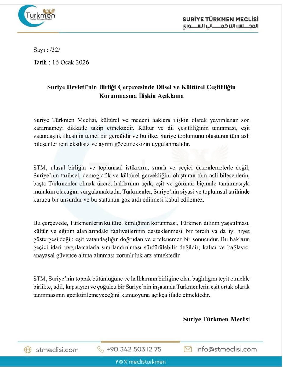 nevzatcicek's tweet photo. Dün yayında ifade etmiştim. Suriye’de mesele Anayasal güvence ve hukuktur. Türkmenlerin bu anlamdaki talepleri doğrudur. Tıpkı Kürtlerin, Dürzilerin ve Arap Alevilerinin talepleri gibi

Böyle geniş kapsayıcı ve kuşatıcı bir Anayasa Suriye’yi bir arada tutabilir

Suriye Türkmen Meclisi:

“Türkmenler, Suriye’nin siyasi ve toplumsal tarihinde kurucu bir unsurdur ve bu statünün göz ardı edilmesi kabul edilemez.

Bu hakların geçici idari uygulamalarla sınırlandırılması sürdürülebilir değildir; kalıcı ve bağlayıcı anayasal güvence altına alınması zorunluluk arz etmektedir.”