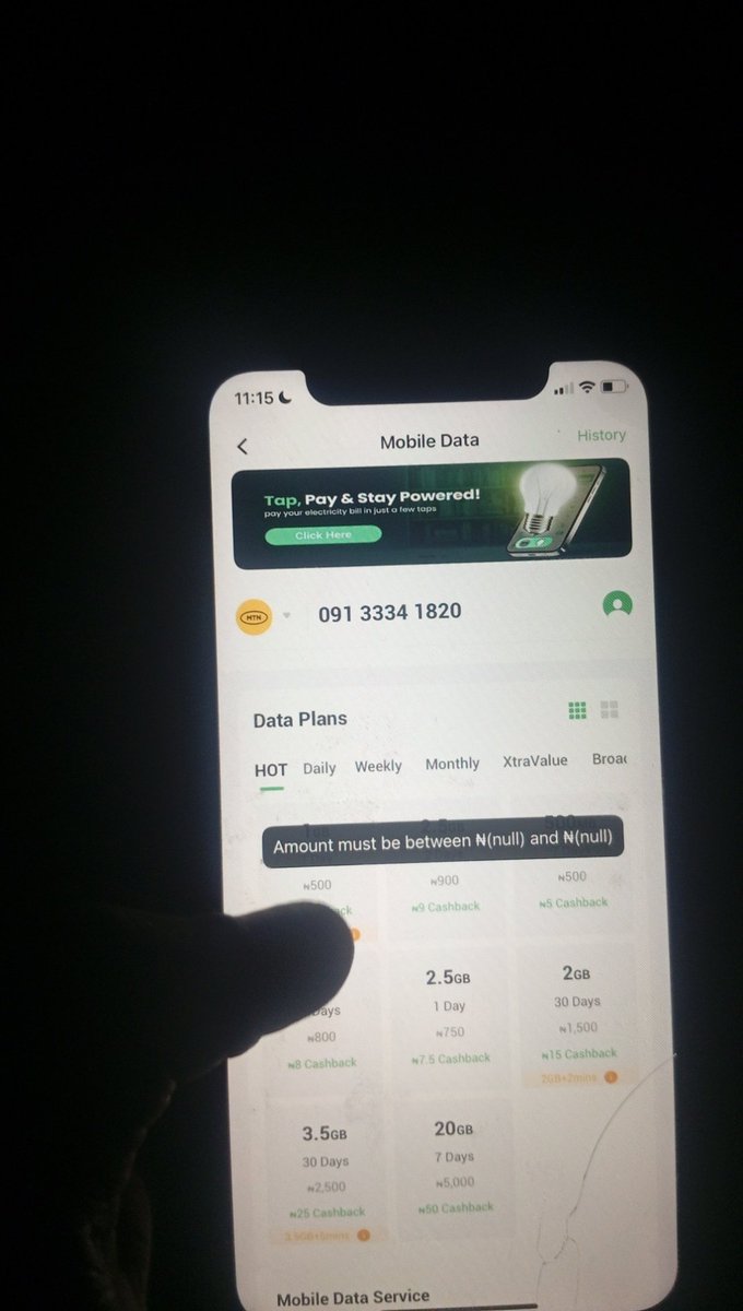 black_sulzee's tweet photo. Hi @opay_ng, noticed a validation message showing “Amount must be between ₦(null) and ₦(null)” on the Mobile Data page. Looks like a  UI/validation bug. Just flagging for visibility 🙏,
Gentle reminder: Bugs don’t care if you’re a junior or senior dev you’ll always be humbled. https://t.co/ogr8oFiQWs