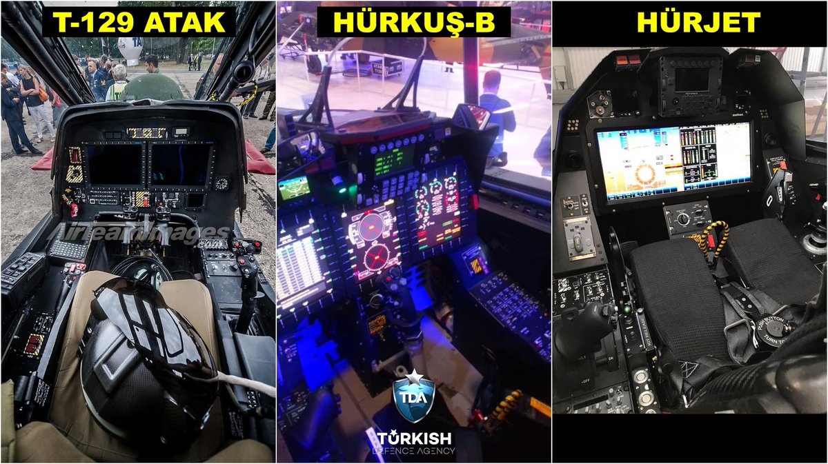 TurkishCentury's tweet image. ✈️ Cockpits of some Turkish-made aircraft: #T129 ATAK helicopter, #Hürkuş turboprop trainer/combat plane &amp;amp; #Hürjet advanced jet trainer/light fighter. 🇹🇷