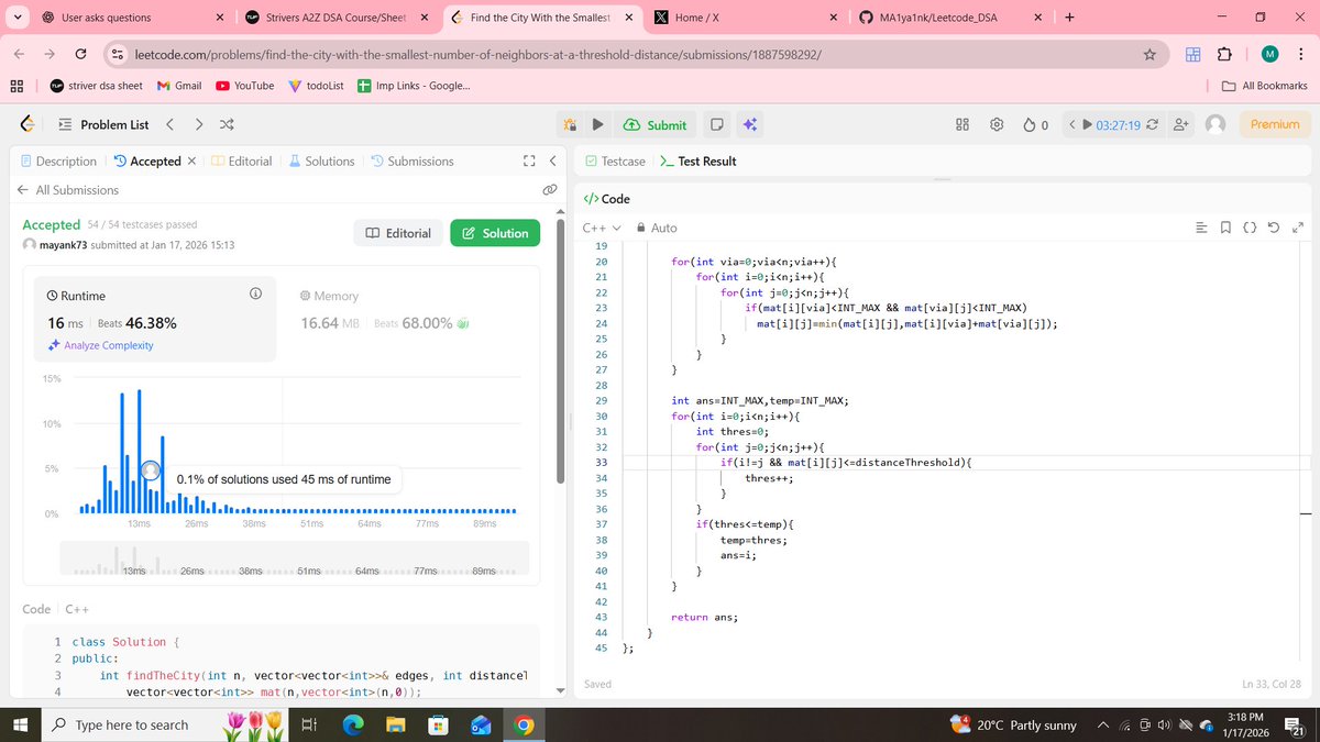 MayankK53059499's tweet photo. #day88 of DSA
Solved a problem 1334 of leetcode.
solved by both dijkstra and floyd warshall.
Github : https://t.co/BNYvUXMOOp
join me in my journey
Follow
#100DaysOfCode #BuildInPublic #problemSolving #Consistency #CodingChallenge #LeetCode #CodingPractice #CodeJourney https://t.co/q27HDz2ZTp