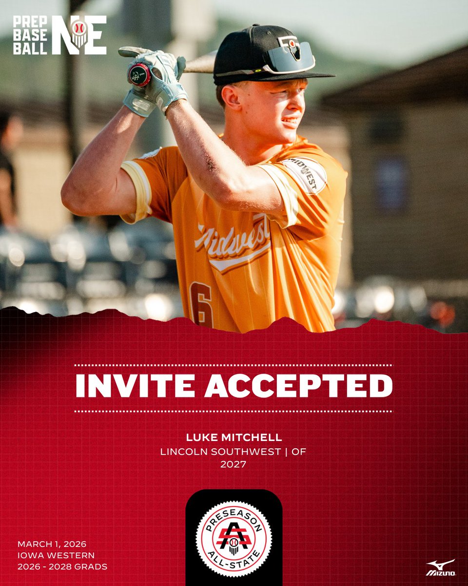 PrepBaseballNE's tweet photo. #𝗡𝗘𝗣𝗔𝗦𝟮𝟲: 𝗜𝗻𝘃𝗶𝘁𝗲 𝗔𝗰𝗰𝗲𝗽𝘁𝗲𝗱 ✅

𝗣𝗿𝗼𝘀𝗽𝗲𝗰𝘁: Luke Mitchell
𝗖𝗹𝗮𝘀𝘀: 2027
𝗛𝗦: Lincoln Southwest
𝗣𝗢𝗦: OF
𝗦𝘁𝗮𝘁𝗲 𝗥𝗮𝗻𝗸: 14

👤: https://t.co/c1NNMr8btP l @Luke_Mitchell08

𝚁𝚎𝚚𝚞𝚎𝚜𝚝 𝚈𝚘𝚞𝚛 𝙸𝚗𝚟𝚒𝚝𝚎
https://t.co/lI4xNOjn4K https://t.co/SY5BZPWqKf
