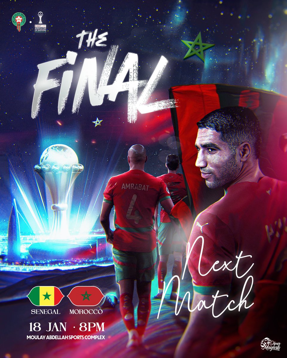 EnMaroc's tweet image. يواجه منتخبنا الوطني منتخب السنغال غدًا في نهائي كأس أمم إفريقيا — المغرب 2025 🏆👊

𝐍𝐞𝐱𝐭 𝐌𝐚𝐭𝐜𝐡 🔜
Our National Team takes on Senegal 🇸🇳 tomorrow in the Final of #AFCON2025 💪

#DimaMaghrib 🇲🇦