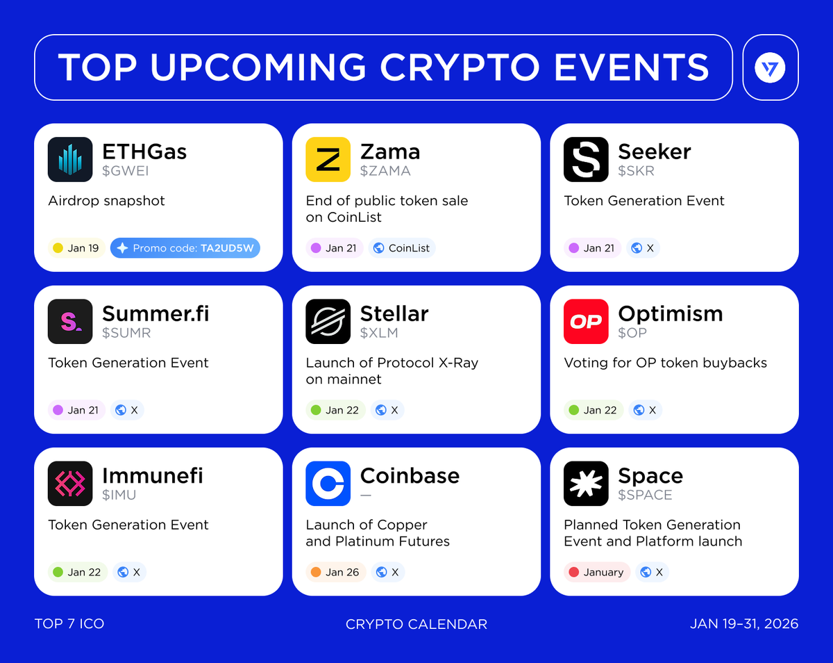 Top Upcoming Crypto Events in January January 19–31, 2026 On the radar •  Sales: $ZAMA • TGE: $SKR, $SUMR, $IMU, $SPACE • Airdrop snapshot: $GWEI •  Project updates from $XLM, $OP, #Coinbase