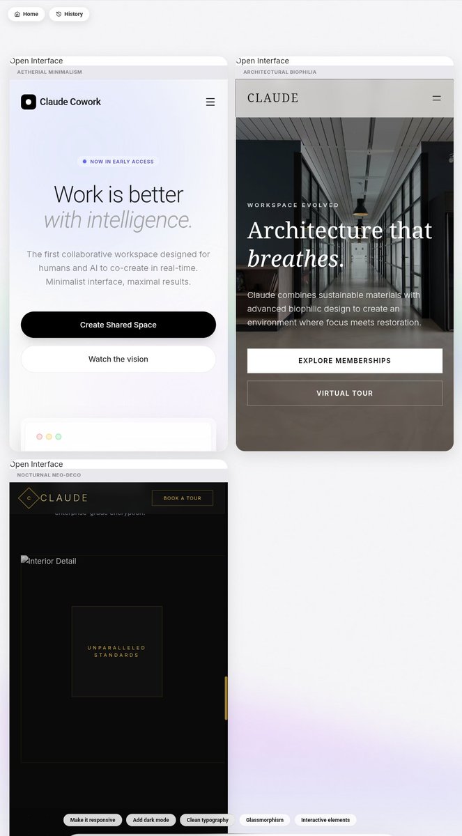 Claudedotui's tweet photo. When you type "Claude Cowork" then It will generate a website or prototype with cool UI design in three different results.

Example in the image below.

This is just a temporary preview, we will improve it further to make it better. https://t.co/8CWzauRQUh