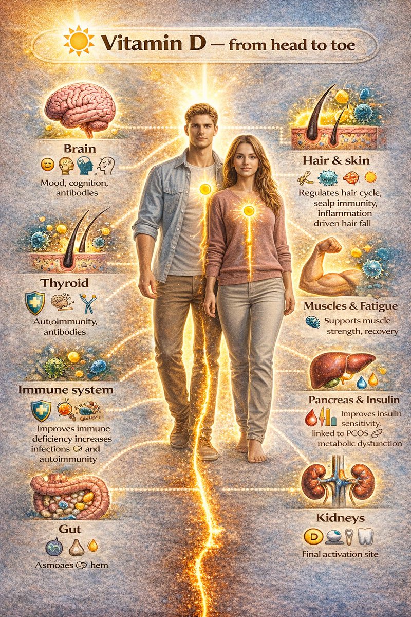 ShardaClinic's tweet image. Vitamin D is more than a vitamin. This is a short series on why that matters.

☀️ Vitamin D — from head to toe

Vitamin D is not just about bones. It acts like a hormone and influences the body — from brain to bones, from immunity to metabolism.

Here’s how Vitamin D connects…