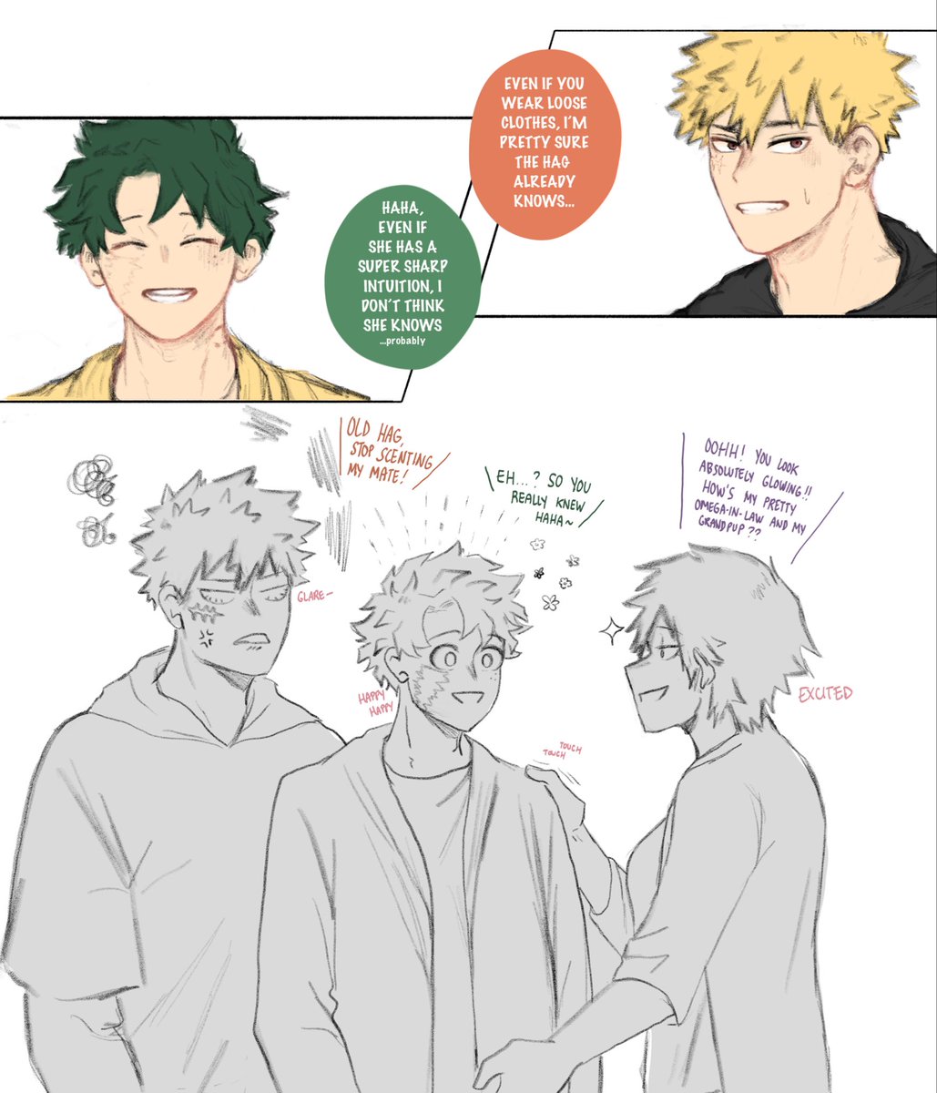 bkdk a/b/o

izu’s loose clothes and jackets can’t really dull the super sharp intuiting of momma (and soon-to-be granma) mitsuki

(it certainly doesn’t help that kacchan hovers over his omega so often that he’s practically izu’s shadow lol they’re so fuckin obvious loool)