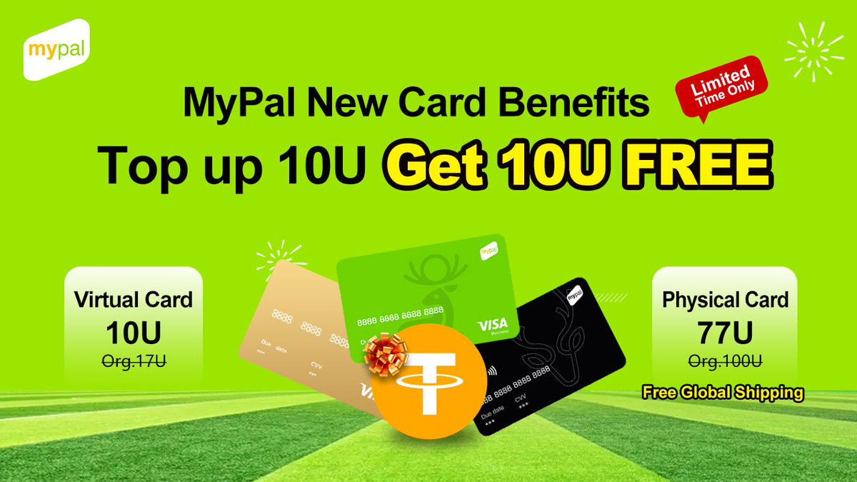 New Card: Top up 10 Get 10! Limited
For new &amp; existing uncarded users

Virtual:10U | Physical:77U (Free Ship)
Rule: 1st deposit≥10U get 10U (All cards)
Cashback for consumption only
Open now
h5.mypal.pro/pm/fvken?code=…

#Mypal #VirtualCard #GlobalPayment